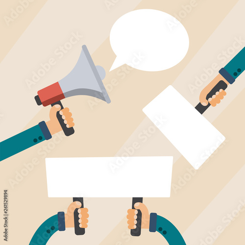 Man hands holds loudspeaker nameplate and banner. Marketing and advertising vector illustration in flat graphics style.