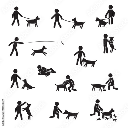 Men with large breeds dogs icon set. Vector.