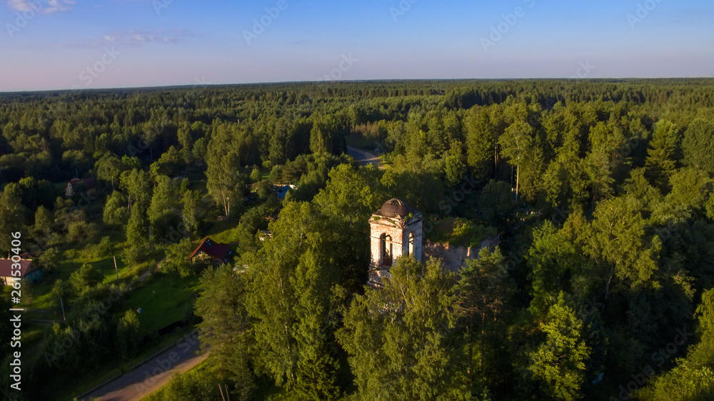 Obraz premium Top view of the ruins of the Church of the Trinity. Uzhin Village