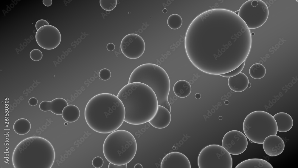3D rendering of a set of gray droplets glowing on a gradient background with diagonal stripes. Drops coalesce, scattered in the space randomly. abstraction, 3D illustration. 3D rendering of a set of gray droplets glowing on a gradient background with diagonal stripes. Drops coalesce, scattered in the space randomly. abstraction, 3D illustration.