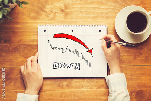 Market down trend chart with a person holding a pen on a wooden desk