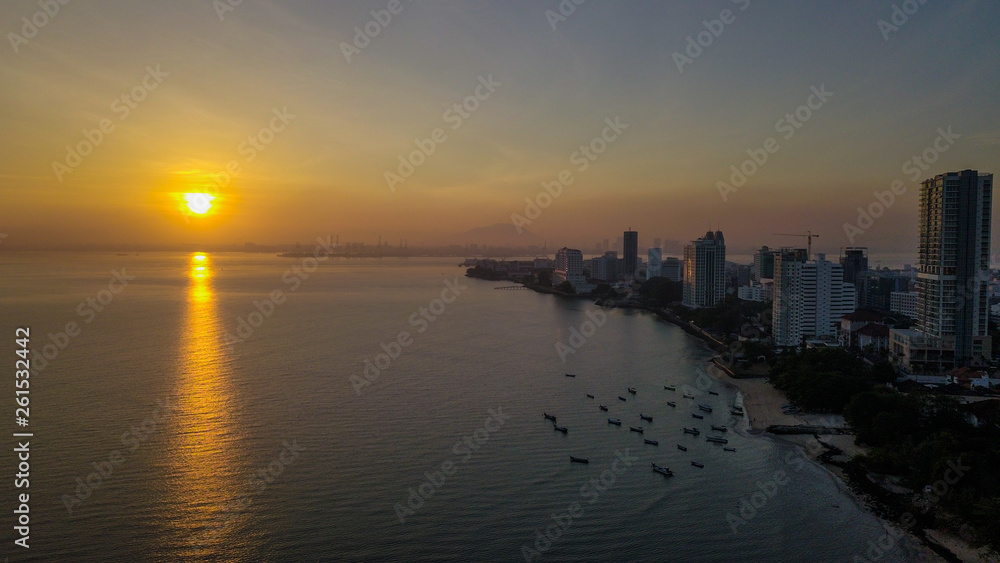 aerial view of sunrise in Penang Malaysia near the beach