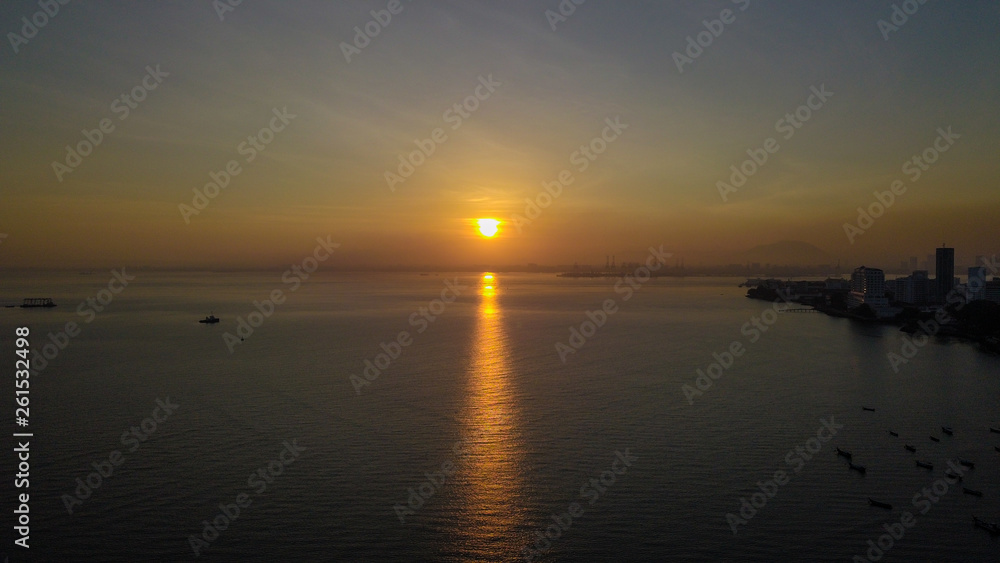 aerial view of sunrise in Penang Malaysia near the beach