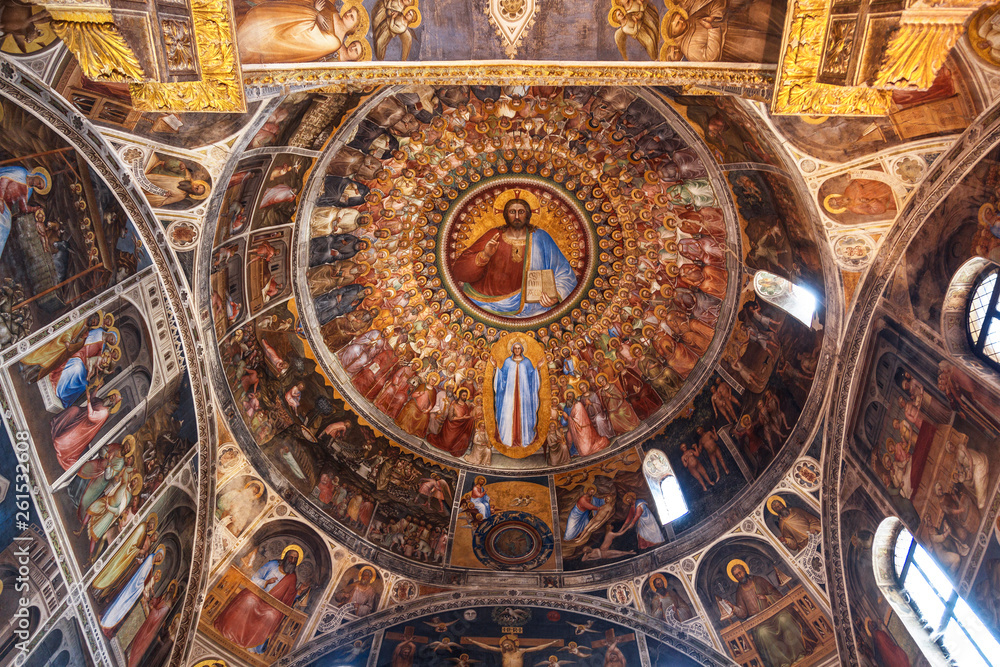 The dome of the baptistery with frescoes 14th century representing of Christ, the saints and angels. Padua, Italy