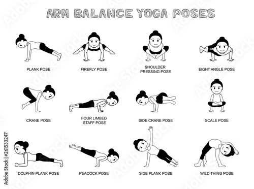 Yoga Arm Balance Poses Vector Illustration Monochrome