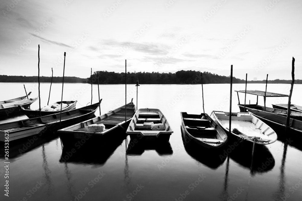 Black And White Image Of  Boats at Shore.