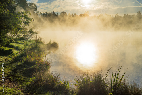 mystischer, romantischer Sonnenaufgang an einem Biotop mit Nebel und spiegelnder Sonne ( D, Bayern, Augsburg, Lechauen)