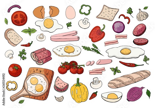 Set of different food for morning breakfast: scrambled eggs and vegetables