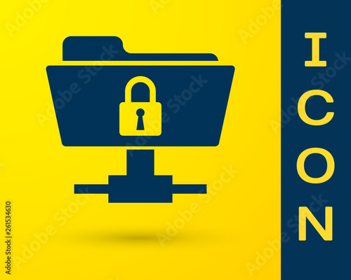 Blue FTP folder and lock icon isolated on yellow background. Concept of software update, ftp transfer protocol. Security, safety, protection concept. Vector Illustration