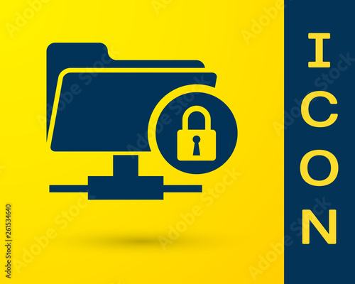 Blue FTP folder and lock icon isolated on yellow background. Concept of software update, ftp transfer protocol. Security, safety, protection concept. Vector Illustration