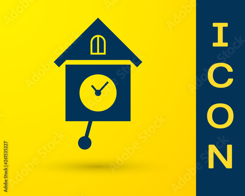 Blue Retro wall watch icon isolated on yellow background. Cuckoo clock sign. Antique pendulum clock. Vector Illustration