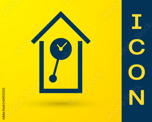Blue Retro wall watch icon isolated on yellow background. Cuckoo clock sign. Antique pendulum clock. Vector Illustration