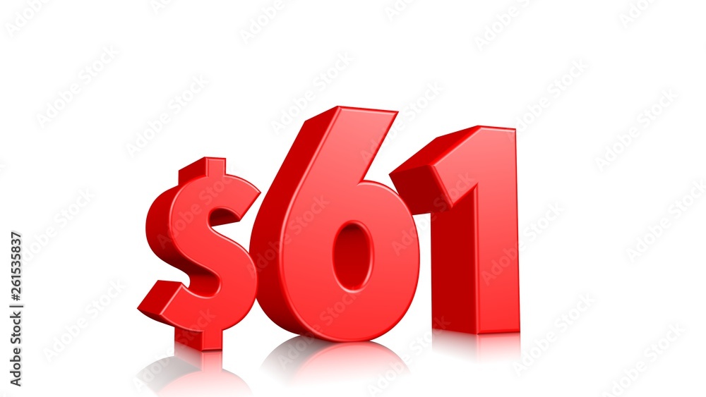61$ sixty one price symbol. red text 3d render with dollar sign on white background 61$ sixty one price symbol. red text 3d render with dollar sign on white background