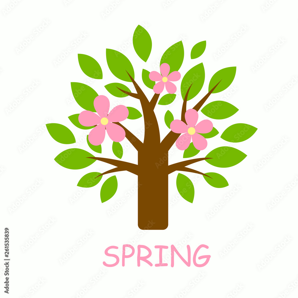 Obraz premium Graphic blossom tree with pink flowers and inscription spring. Logo or icon for ecological and spring design.