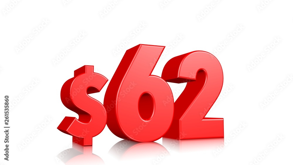 62$ sixty two price symbol. red text 3d  render with dollar sign on white background