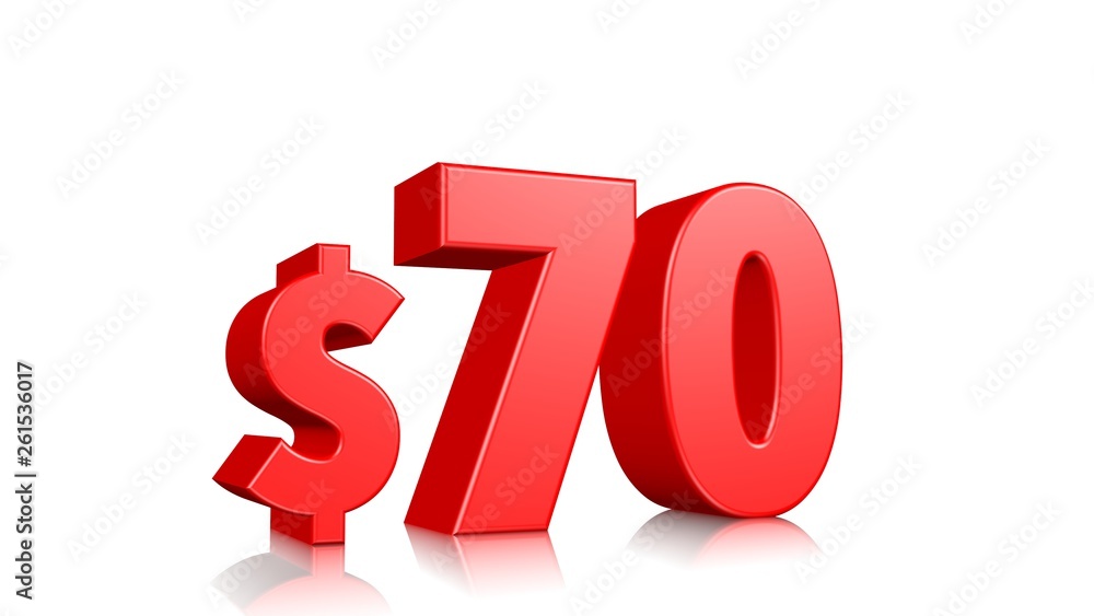 70$ seventy price symbol. red text 3d render with dollar sign on white background 70$ seventy price symbol. red text 3d render with dollar sign on white background