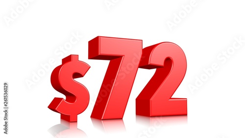 72$ seventy two price symbol. red text 3d render with dollar sign on white background