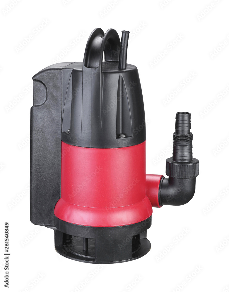 Red plastic drainage pump pumping water, with automatic built-in shut ...