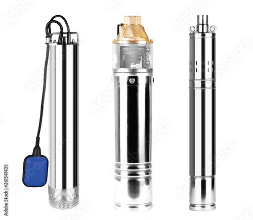 Set pumps with float. Submersible borehole supplying clean water great depth house, watering garden. Wells. Isoated white background. Automatic water supply station. Homes, village, cottage. photo