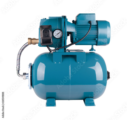 Automatic water supply station isolated white background. Iron pump casing, pressure sensor. Blue color station. Rele, cable, hose, pressure sensor. Application in homes, country village, cottage.