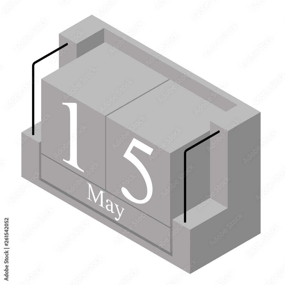 May 15th date on a single day calendar. Gray wood block calendar present date 15 and month May isolated on white background. Holiday. Season. Vector isometric illustration May 15th date on a single day calendar. Gray wood block calendar present date 15 and month May isolated on white background. Holiday. Season. Vector isometric illustration