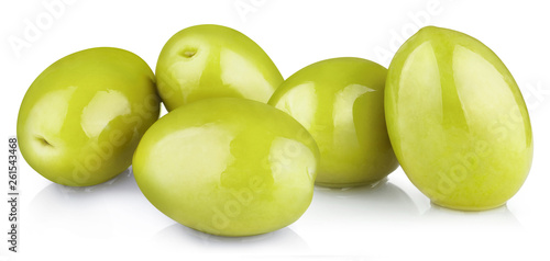 Delicious green olives, isolated on white background
