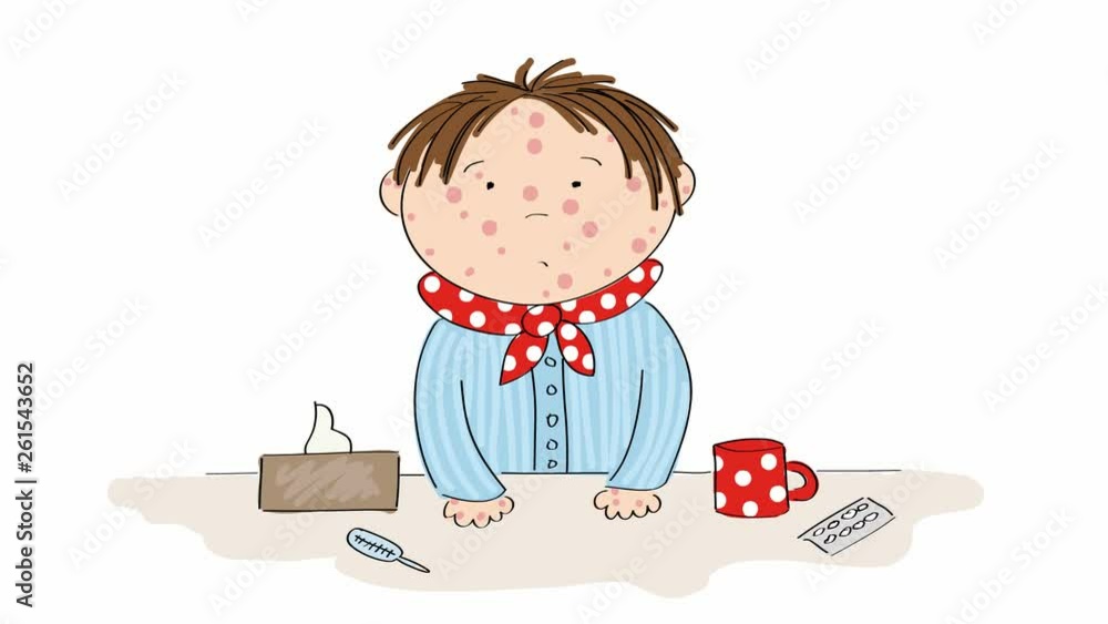 Sick boy with chickenpox, measles, rubeola or skin rash standing behind the table with tea, medicine, thermometer and paper handkerchief. Original hand drawn animation. Sick boy with chickenpox, measles, rubeola or skin rash standing behind the table with tea, medicine, thermometer and paper handkerchief. Original hand drawn animation.
