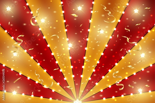 Circus bottom background of red and gold lines stripe with star constellations, light bulbs and tinsel. Retro sun beam ray template for banner, invitation flyer. Vintage fun fair burst carnival poster