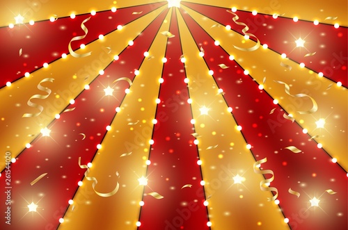 Circus top background of red and gold lines stripe with star constellations, light bulbs and tinsel. Retro sun beam ray template for banner, invitation flyer. Vintage fun fair burst carnival poster