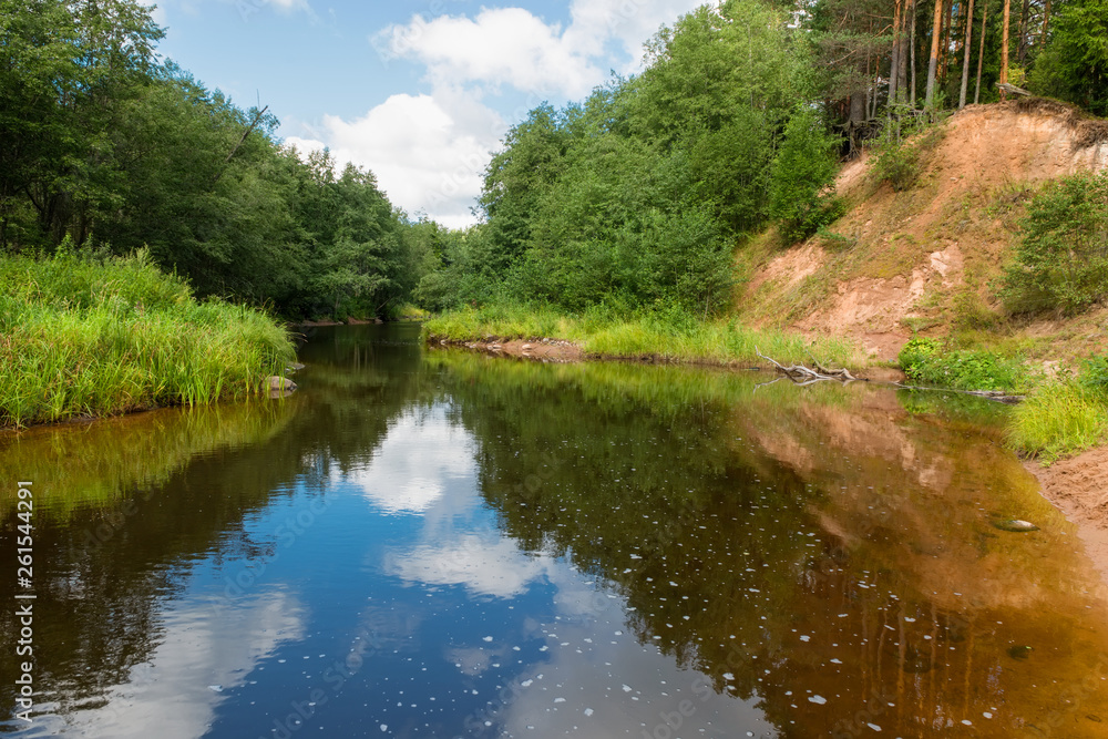 High sandy bank of the Polomet River, Novgorod Region, Russia High sandy bank of the Polomet River, Novgorod Region, Russia
