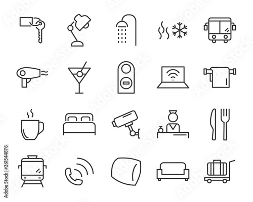 set of hotel icons, such as  dormitory, apartment, bed, room, service, hostel, park