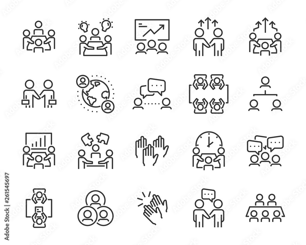 set of business people icons, such as meeting, team, structure, communication, member, group