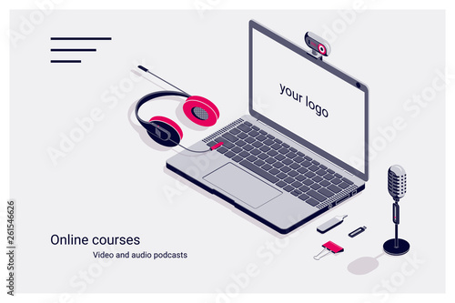 Isometric flat template home page of online courses with laptop, flash drive, microphone and headphones.