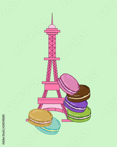 Pink Eiffel Tower with macarons. Flat design. Paris concept. Vector EPS10.