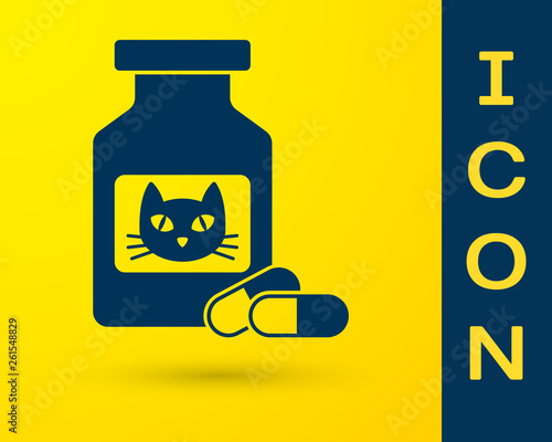 Blue Cat medicine bottle and pills icon isolated on yellow background. Container with pills. Prescription medicine for animal. Vector Illustration
