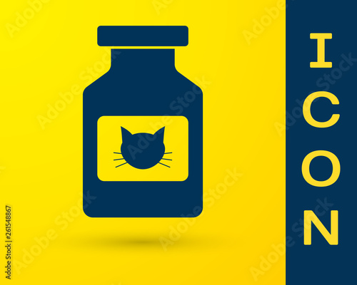 Blue Cat medicine bottle icon isolated on yellow background. Container with pills. Prescription medicine for animal. Vector Illustration