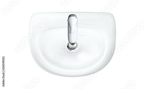 Realistic white Sink with chrome faucet top view. Bathroom washbowl and Tap. Modern wash basin isolated vector illustration. For advertising or web design, interior element decor bathtub. Eps 10