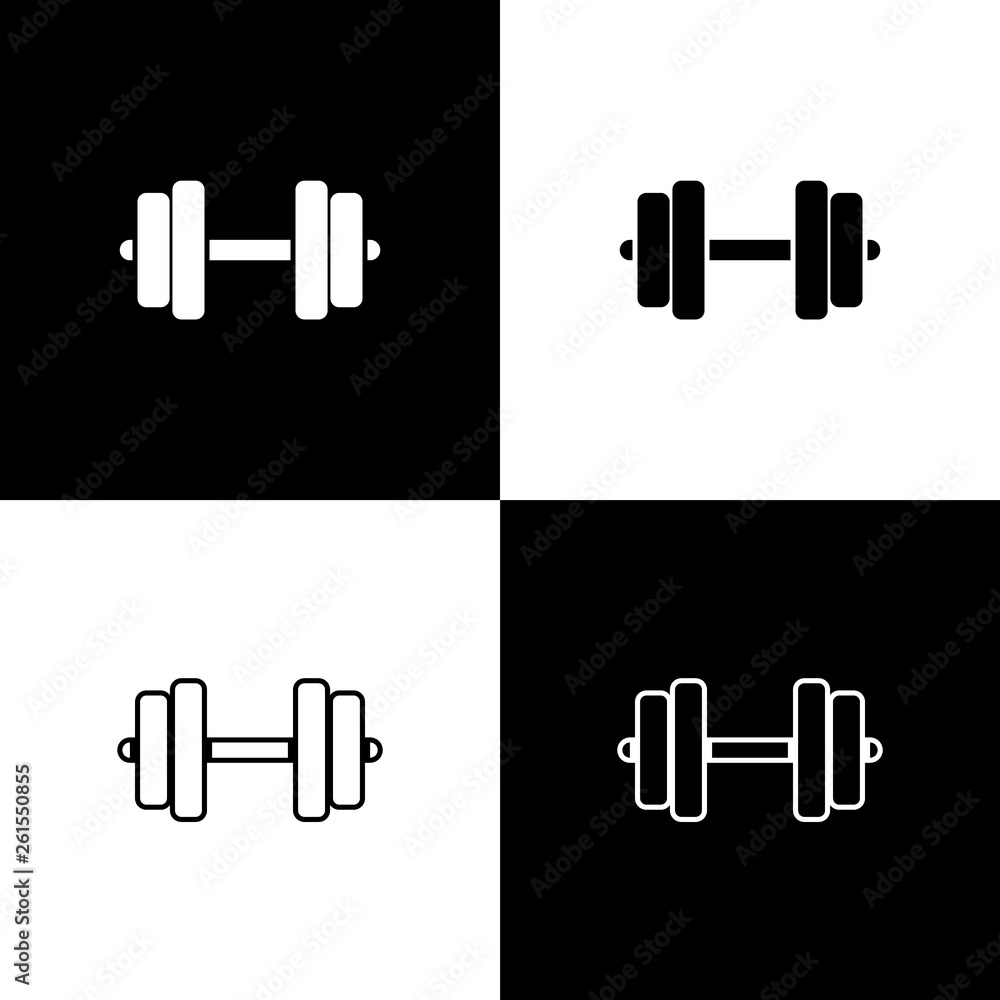 Set Dumbbell icons on black and white background. Muscle lifting