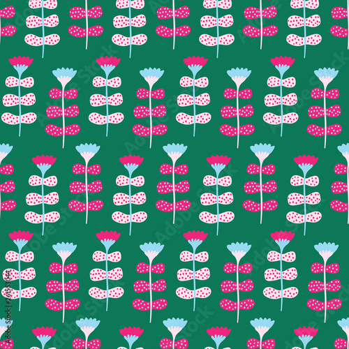 Bright flower bloom seamless pattern. Styliszed retro floral all over print. Pretty modern feminine fashion style.  Trendy Scrapbooking paper, wallpaper, garden stationery backdrop.