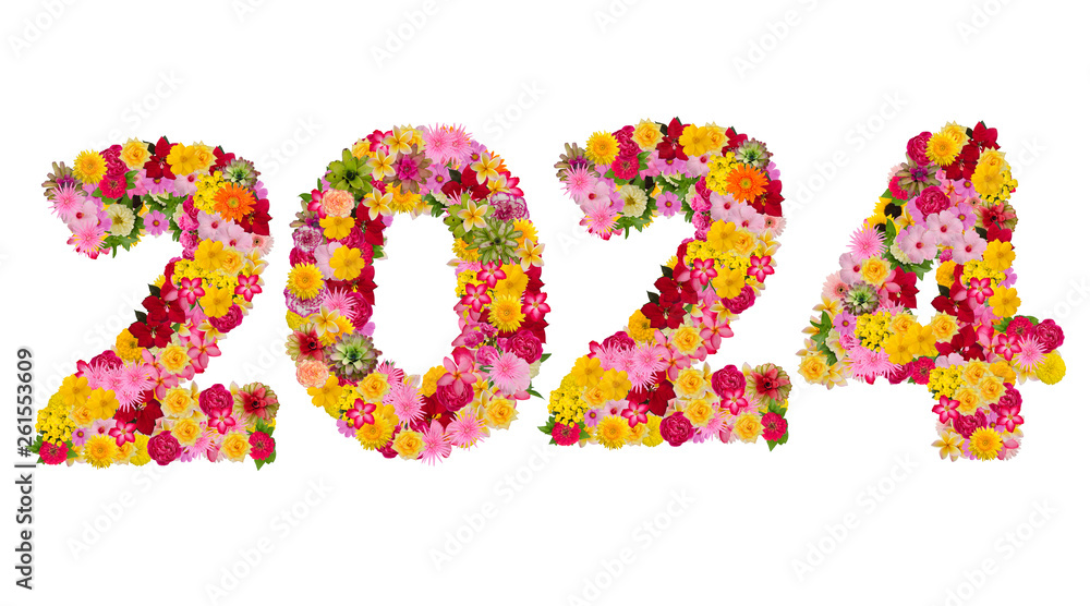 Inscription 2024 from fresh flowers isolated on white background. Happy New Year Concept.With clipping path