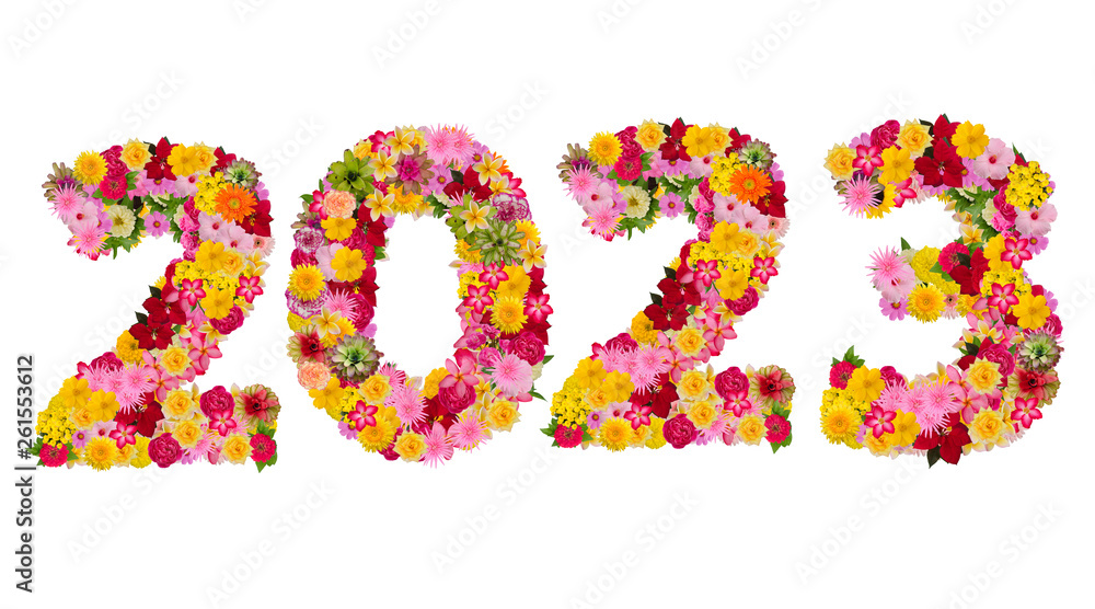 Inscription 2023 from fresh flowers isolated on white background. Happy New Year Concept.With clipping path