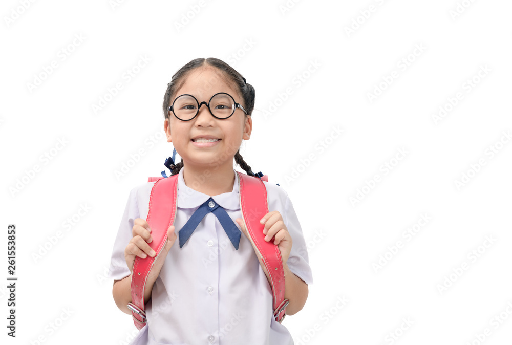 Cute asian student smile and carry school bag Cute asian student smile and carry school bag