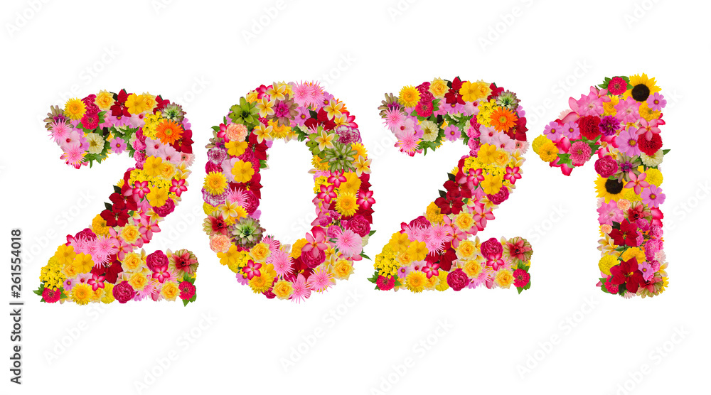 Inscription 2021 from fresh flowers isolated on white background. Happy New Year Concept.With clipping path