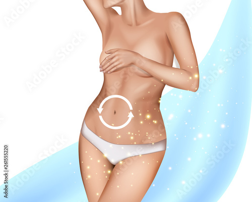 Digestive health including round icons with female belly pointers.  Realistic design Body of young and beautiful woman