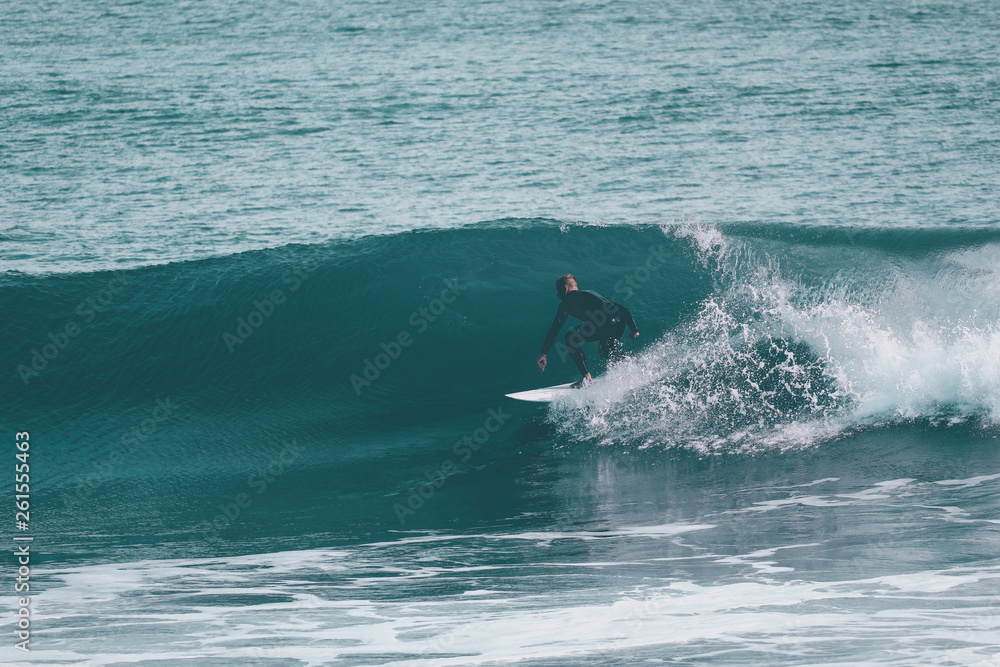 Surfer on a surfboard in the ocean on a sunny day Surfer on a surfboard in the ocean on a sunny day