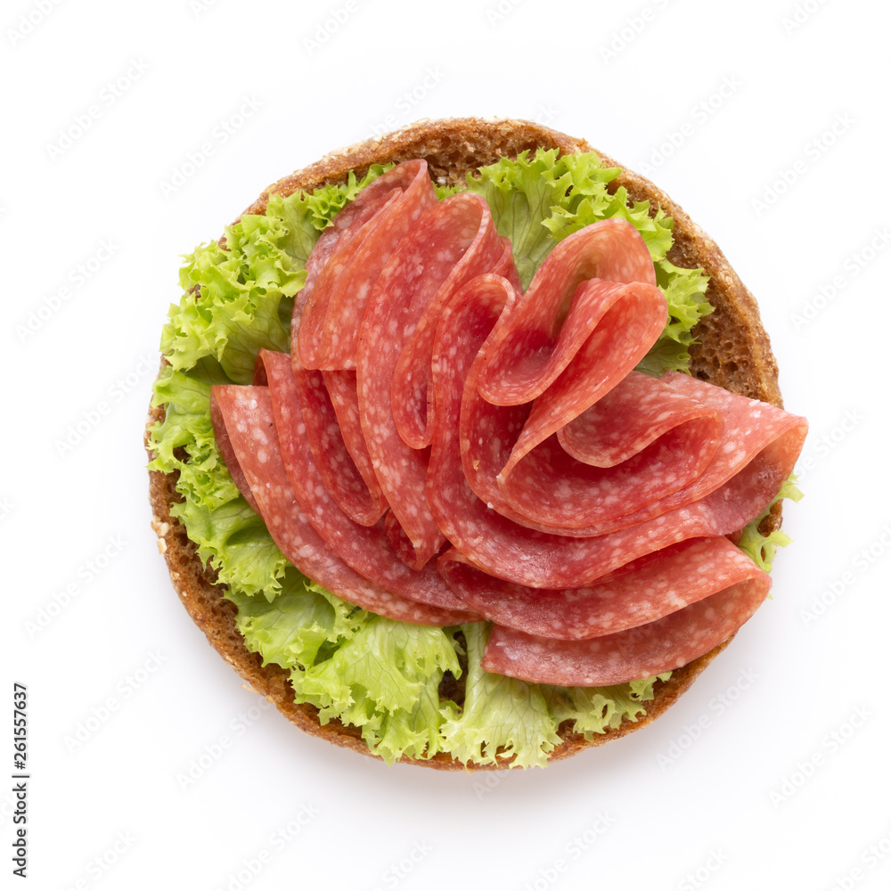 Sandwich with salami sausage on white background.