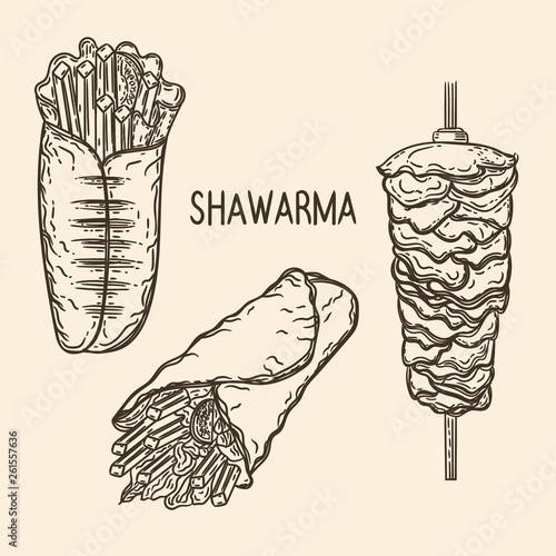 Vector hand drawn of shawarma set in the engraving style.