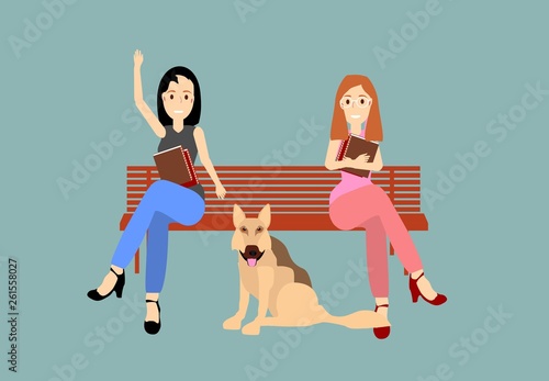 Two helpmates, sitting on the bench, dog sitting, vector illustration
