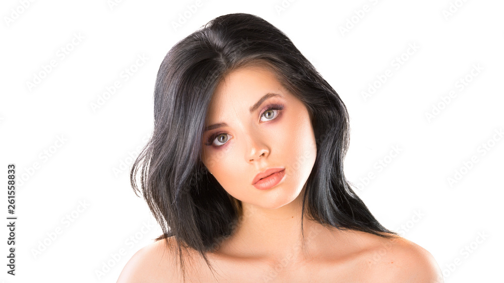 Studio portrait of a beautiful young woman with brown hair. Pretty model girl with perfect fresh clean skin. Beauty and skin care concept Studio portrait of a beautiful young woman with brown hair. Pretty model girl with perfect fresh clean skin. Beauty and skin care concept