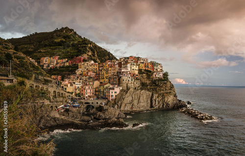 View of Manarola village and Ligurian sea from a hill at a cloudy sunset. Cinque Terre, Italy © Vladimir